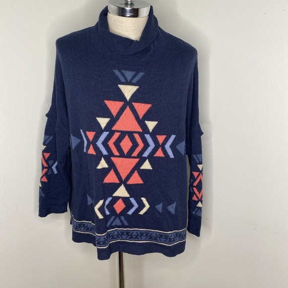 J. Jill Sweaters - J Jill Aztec Sweater Womens Sz L Blue Southwestern Turtleneck Side Slit button